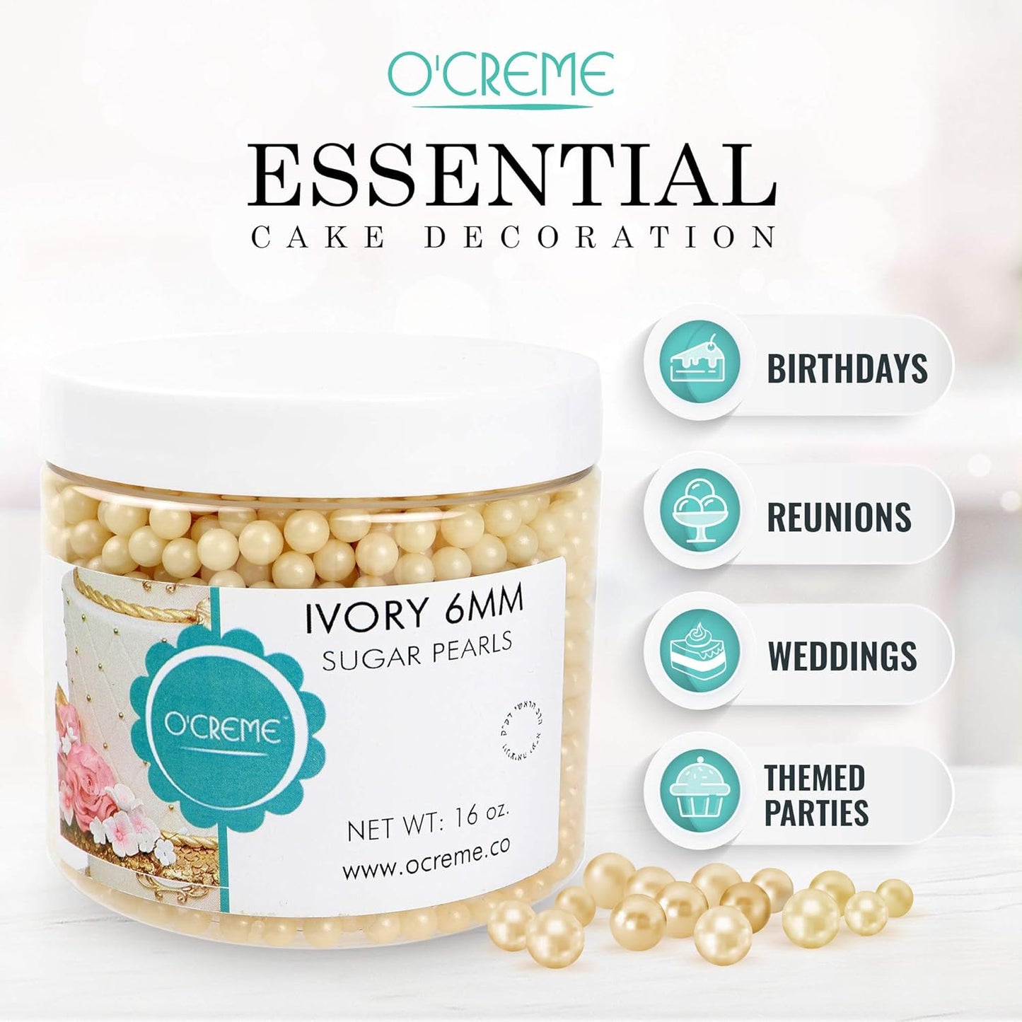 O'Creme Ivory Edible Sugar Pearls Cake Decorating Supplies for Bakers: Cookie, Cupcake & Icing Toppings, Beads Sprinkles For Baking, Certified, Candy Sugar Ball Accents (4mm, 16 Oz)