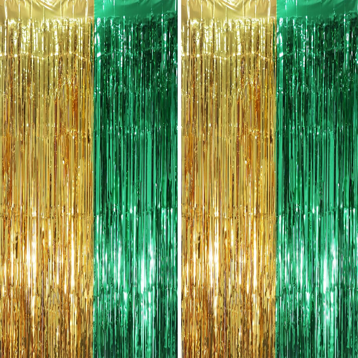 2 Pack Green and Gold Foil Fringe Backdrop Curtains, Tinsel Streamers Party Decorations, Fringe Backdrop, Door Shimmer for Graduation or Birthday Party
