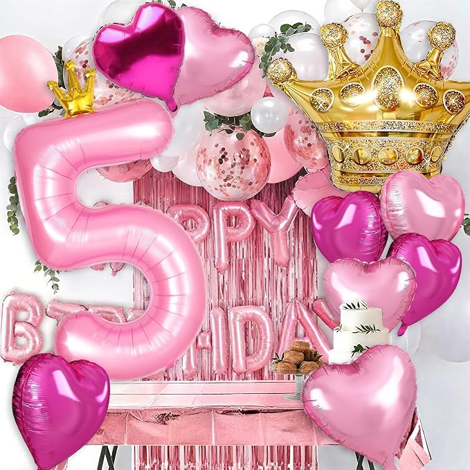 Princess 4th Birthday Party Decorations, 40 inch Large Pink Crown 4 Balloon - Image 3