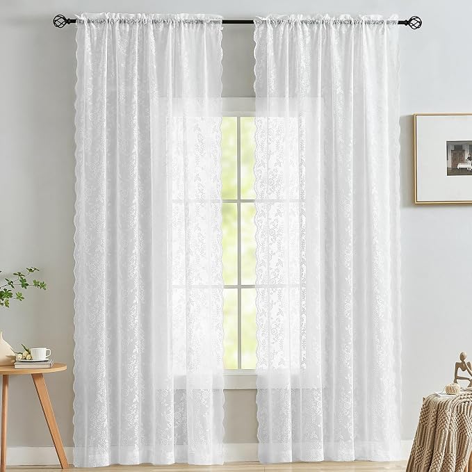 FINECITY White Lace Curtains for Bedroom Rustic Floral 42x63 Inch, 2 Panels | - Image 7