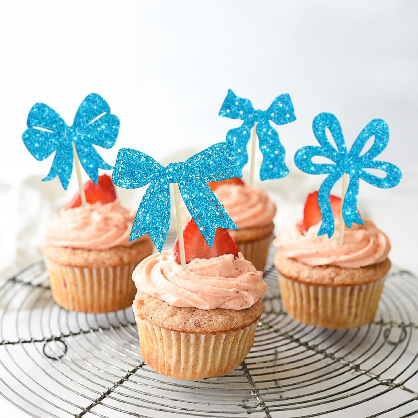 Ephlyn 24Pcs Bow Cupcake Toppers Bow Birthday Cake Topper Girls Birthday Party Decorations Bowknot Cupcake Decorations for Bridal Baby Shower Birthday Wedding Themed Party Blue