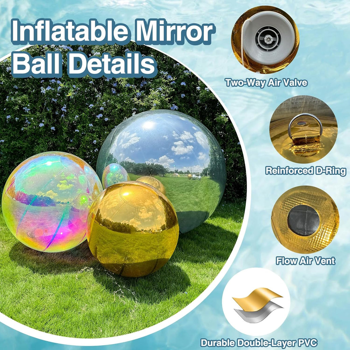 3PCS Iridescent Inflatable Mirror Ball, Big Shinny Balls Reusable Large PVC Disco Ball Balloon for Large Event Decoration, Party, Concerts, Stage, Wedding Decor, Without Air Pump
