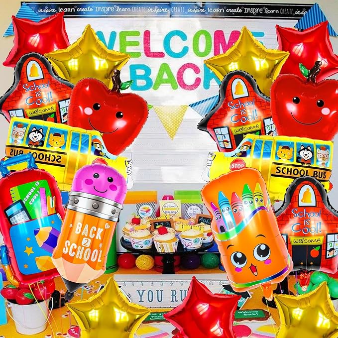 80 Pcs Back to School Balloons, Colorful Bus School Pencil Apple Crayon Foil - Image 2