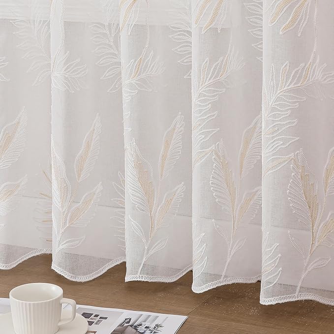 White Sheer Curtains Beige Embroidered Leaf 2 Panels 54 Inches | Light - Image 4