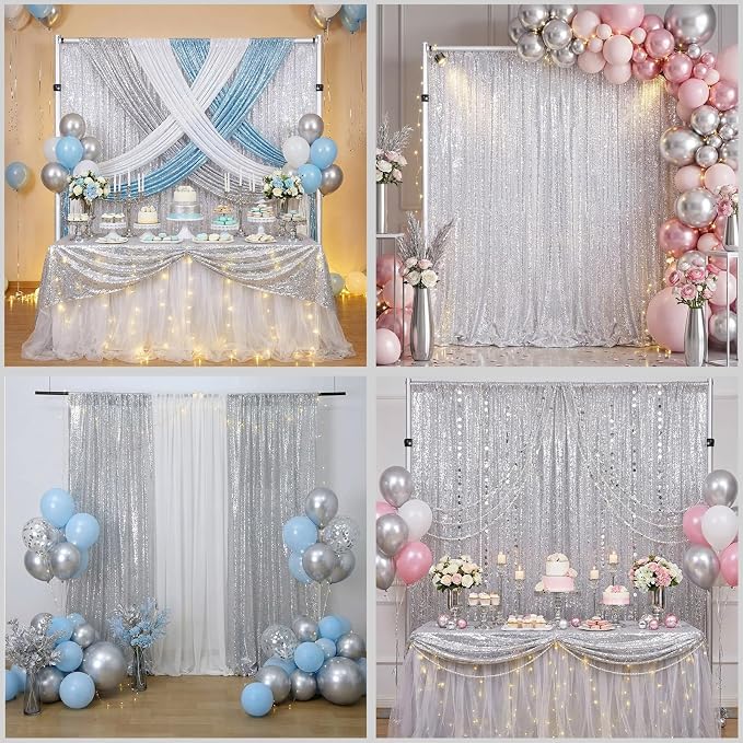 Silver Sequin Backdrop Curtains 6 Pcs 2ftx8ft Silver Curtains Background | - Image 2
