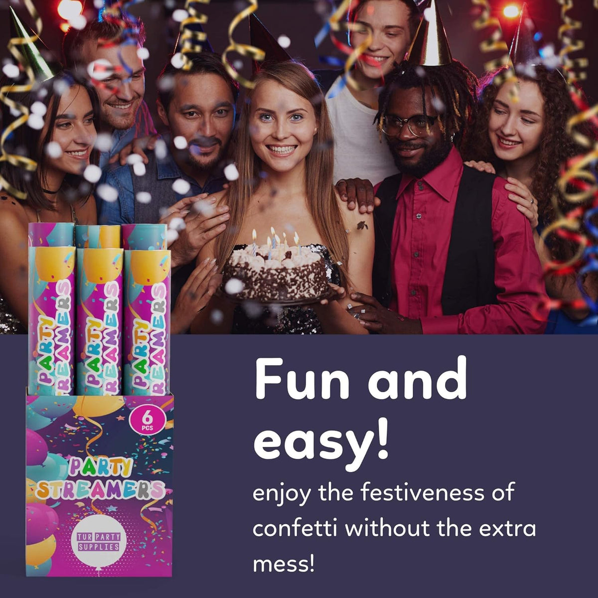 No Mess Streamer Confetti Cannon Party Poppers | 6 Pack | Multicolor Streamers | Glitter Bomb Confetti Shooters | Decoration for Birthday, Wedding | Launches 25 ft | 12 inch | TUR Party Supplies