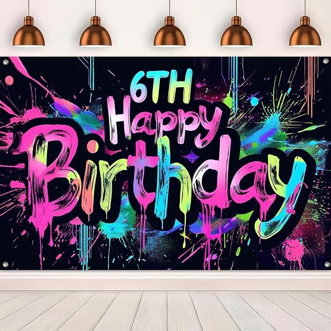 HOMETITUTE Neon 6th Happy Birthday Banner 71x43 Inch Birthday Backdrop | 6th - Image 5