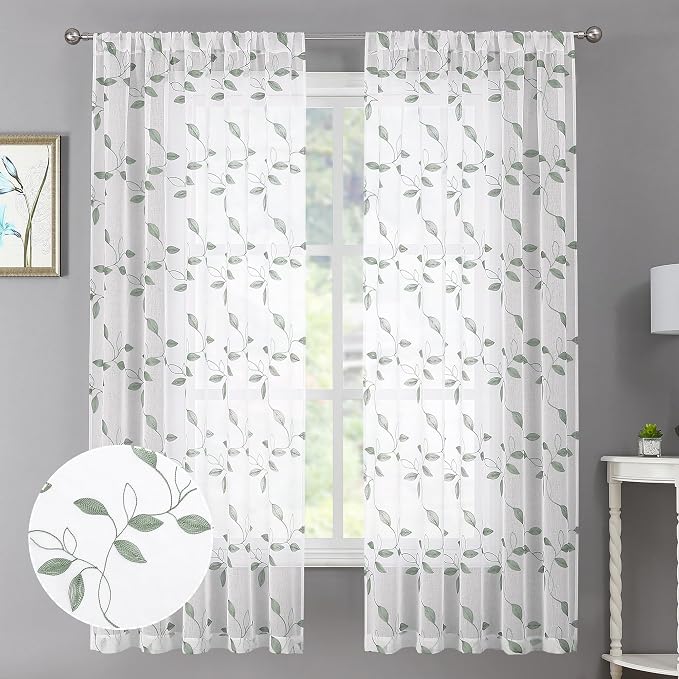 Tollpiz Sage Green Leaf Sheer Curtains Living Room Short 54 x 45 Inches | by Tollpiz