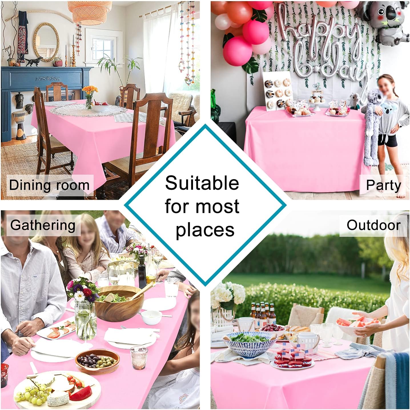 Hiasan Tablecloth for Rectangle Tables - 70 x 140 inch - Waterproof, Spillproof & Wrinkle Resistant Washable Polyester Table Cloth for Dining/Party/Outdoor Picnic, Pink
