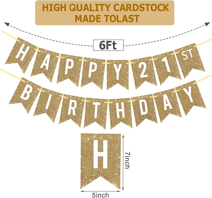 Netnology Pre-Strung Gold Glitter 21st Happy Birthday Banner Decorations | 12 - Image 2