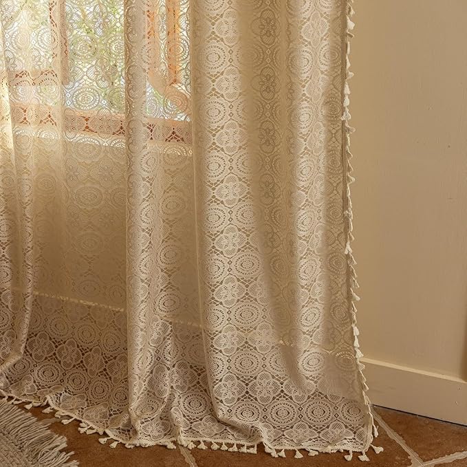 YJ YANJUN Boho Lace Curtains 80 inches Long 2 Panels -Vintage Floral Crochet - Image 5