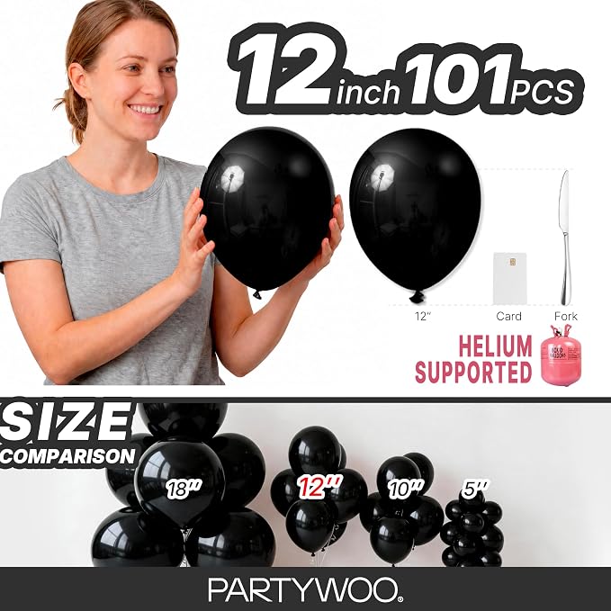 PartyWoo Black Balloons 101pcs Matte Latex Helium Balloons 12 Inch | Baby - Image 6