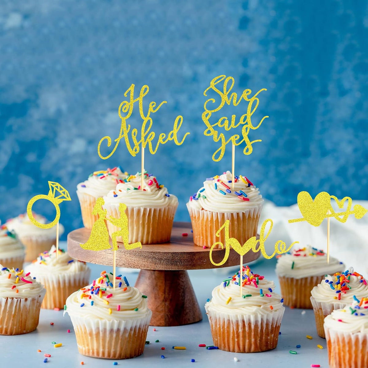 24Pcs He Asked She Said Yes Cupcake Toppers Diamond Ring Heart I Do Cake Picks for Wedding Engagement Bridal Shower Party Cake Decorations - Gold Glitter