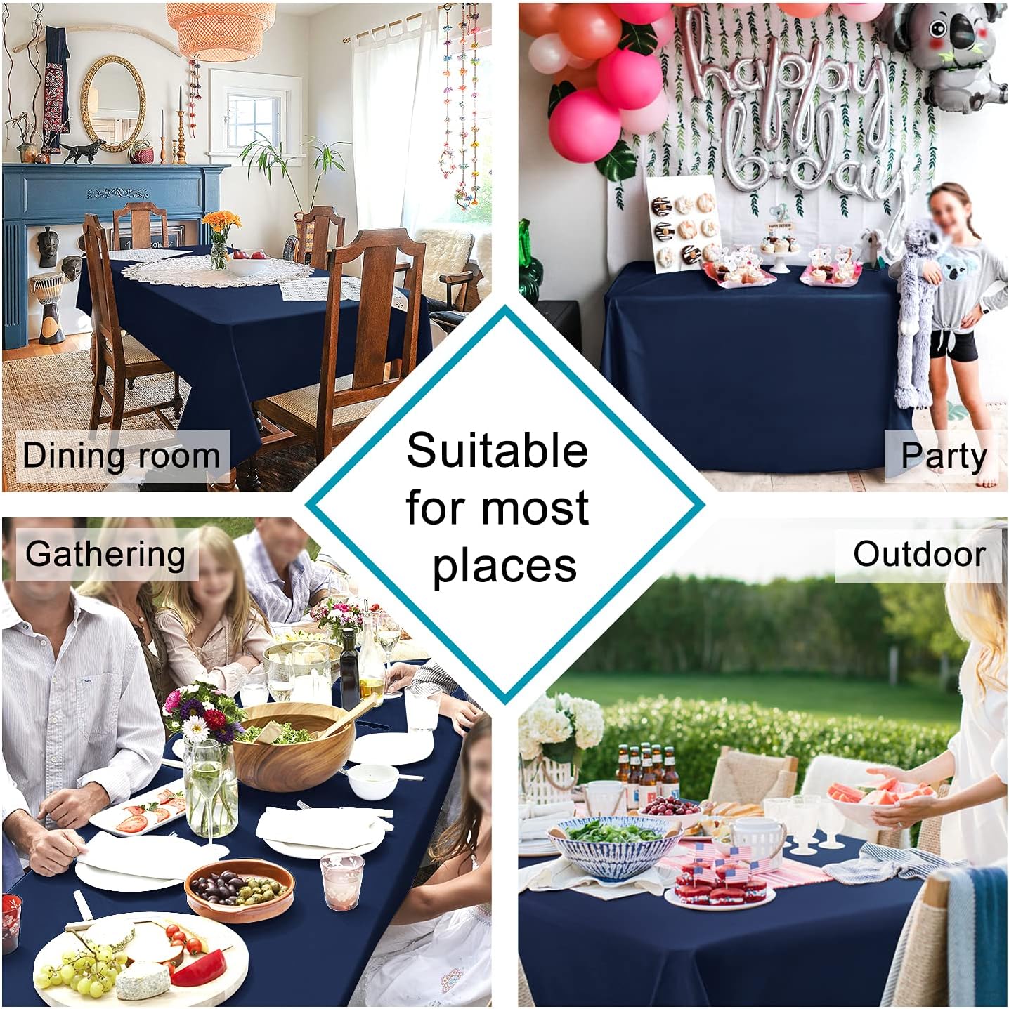 Hiasan Tablecloth for Rectangle Tables - 70 x 140 inch - Waterproof, Spillproof & Wrinkle Resistant Washable Polyester Table Cloth for Dining/Party/Outdoor Picnic, Navy Blue