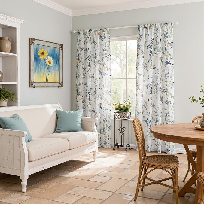 MYSKY HOME Yellow and Blue Sheer Floral Curtains 102 Inch Length 2 Panels | - Image 8