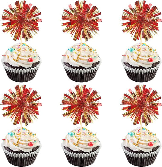 30 PCS Foil Firework Cupcake Toppers Sparkle Tinsel Cupcake Picks Happy by ZHUOWEISM