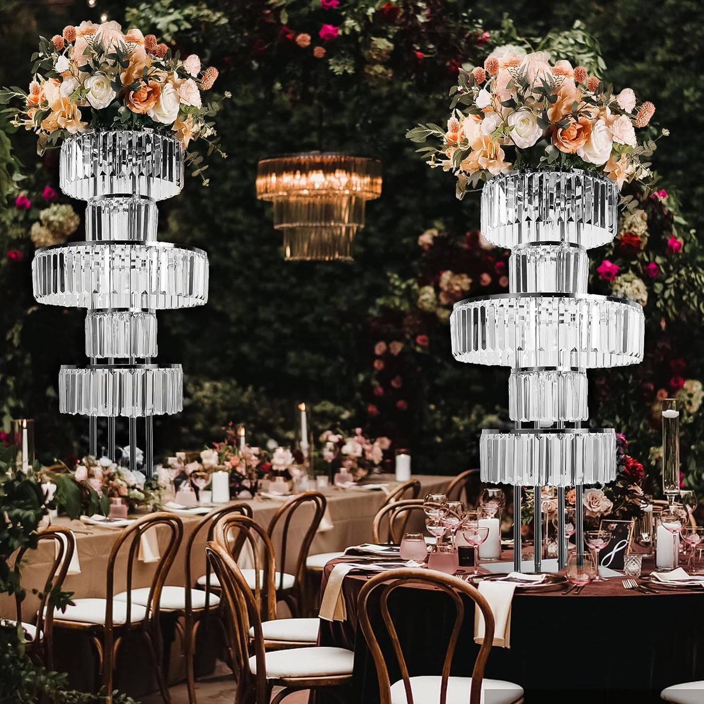 Silver Crystal Vases for Centerpieces, 47.2in Metal Pedestal Stands for Table Chandelier Centerpiece Wedding, 5 Tier Round Flower Stand for Wedding Reception Birthday Party Events Home Decor