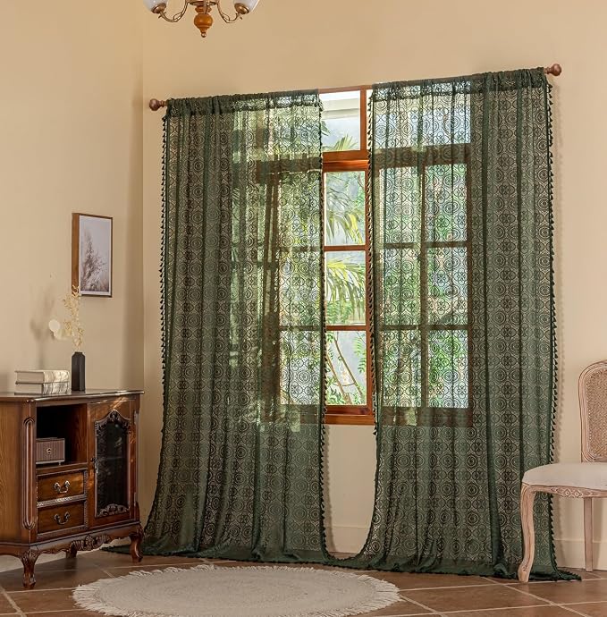 YJ YANJUN Boho Lace Curtains, Dark Green, 2 Panels | Vintage Floral Crochet by YJYANJUN