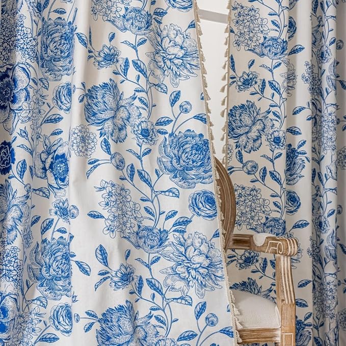 F-CHU Blue Floral Curtains Bohemian Drapes 72 Inch Length Cotton Linen Boho - Image 5
