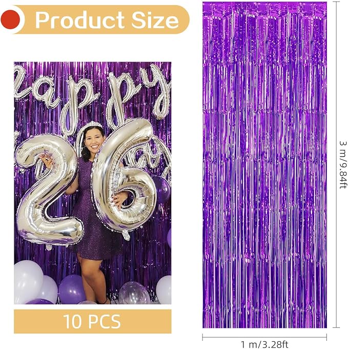 10 Pack Purple Foil Curtain Backdrop 3.2ft x 9.8ft Black Metallic Tinsel Foil - Image 3