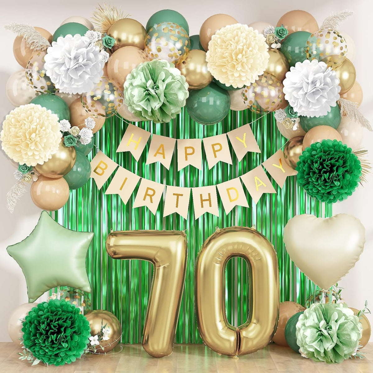 Sage Green 70th Birthday Decorations for Men Gold Number 70 Balloon Nude Gold Happy Birthday Banner Fringe Curtain Paper Pom Poms Olive Green Cream White Sand Star Foil Balloons Party Decor