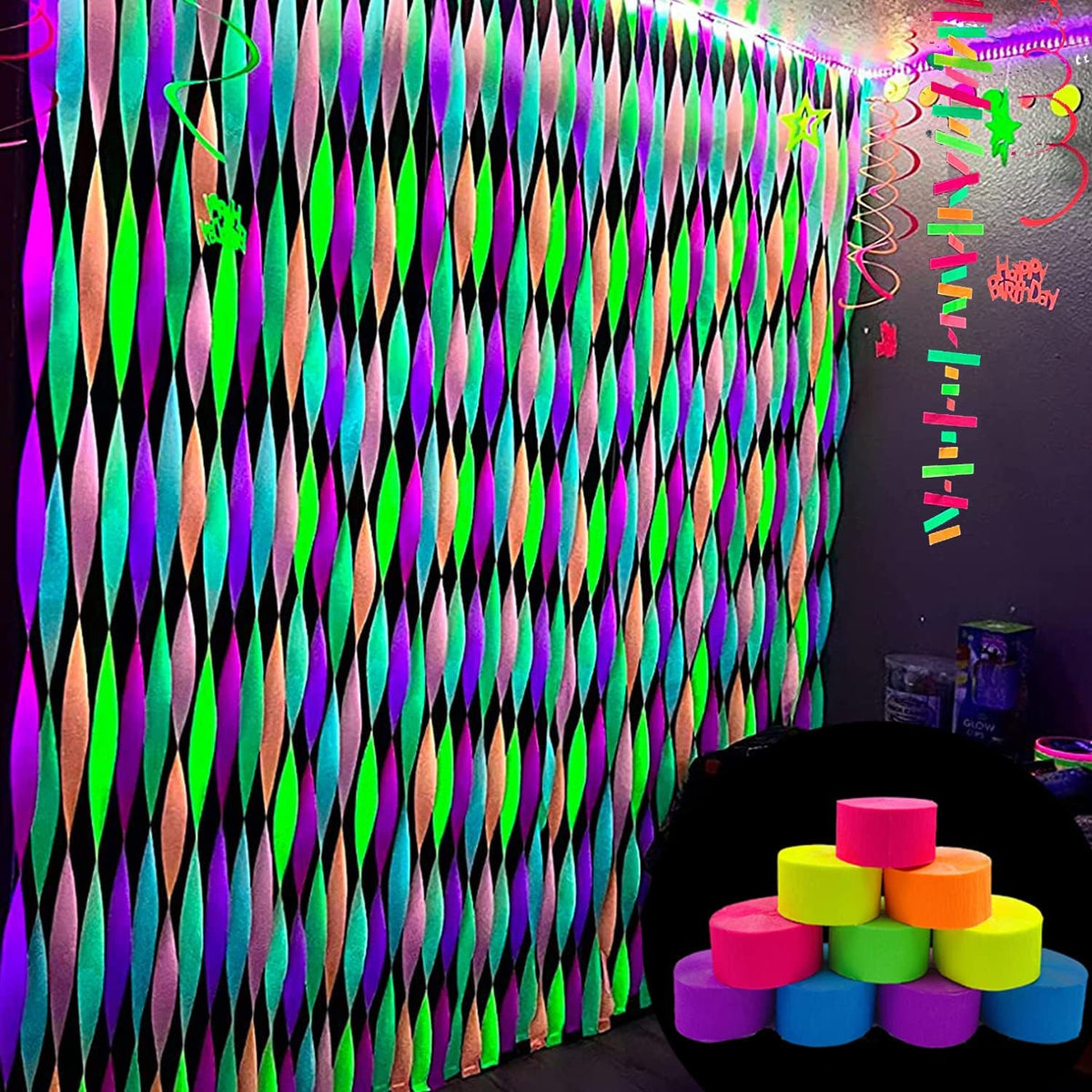 2016 feet Glow Party Neon Streamer Decorations Glow Crepe Paper Streamers UV Reactive Fluorescent Neon Paper Streamers Glow in the Dark Party Supplies and Decorations Wedding Birthday Blacklight Party