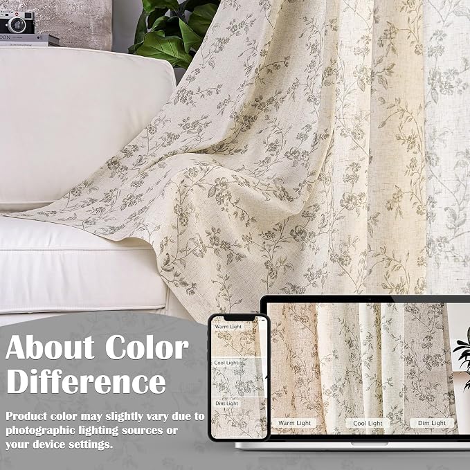 Extra Long Grey Vintage Floral Linen Curtains Farmhouse 2 Panels | Elisa Series - Image 6