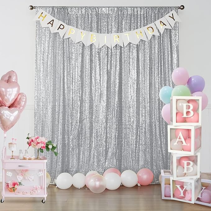 Sugargirl Silver Sequin Backdrop Curtain 3 Panels 2FTx8FT Glitter Silver - Image 3