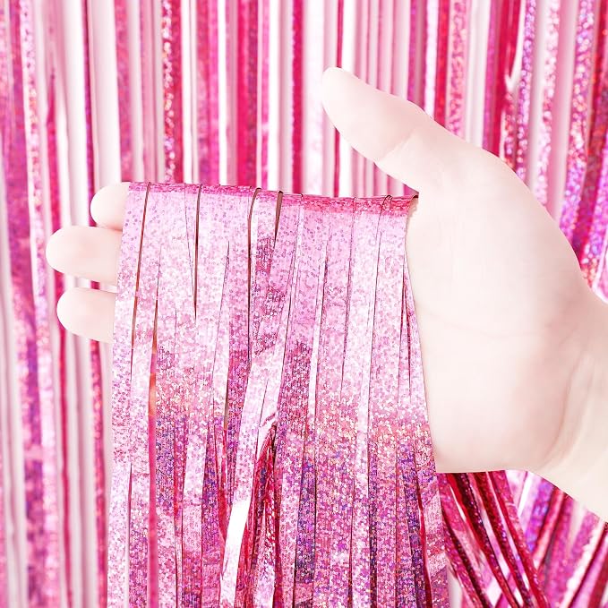 Voircoloria 3 Pack 3.3x8.2 Feet Laser Pink Foil Fringe Backdrop Curtains - Image 2