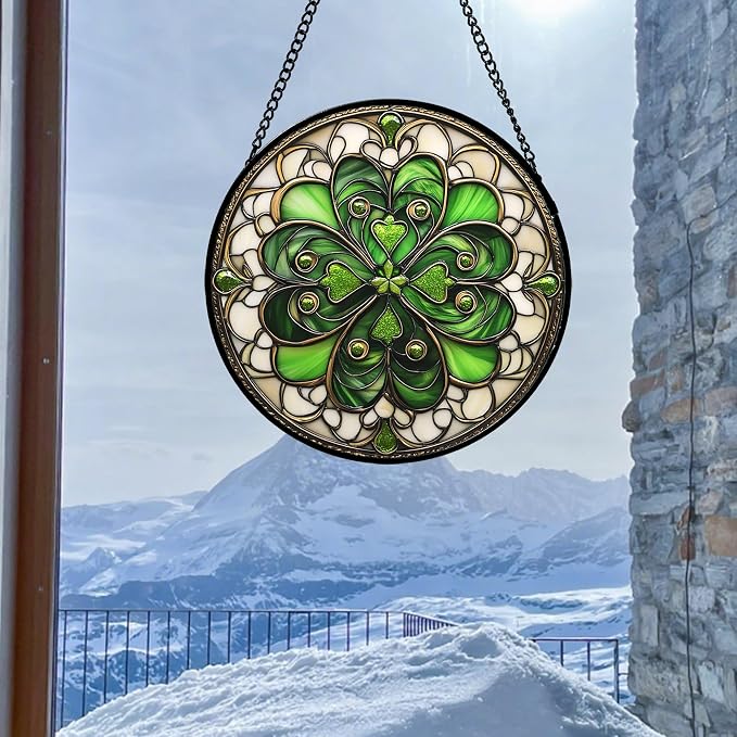 DASTOLL Stained Glass Window Hanging St. Ripak Festival Green Lucky Clover 7.8" - Image 5