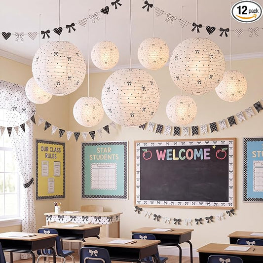 Treela 12 Pcs Back to School Paper Lanterns, Classroom Decorations Black Bow by Treela