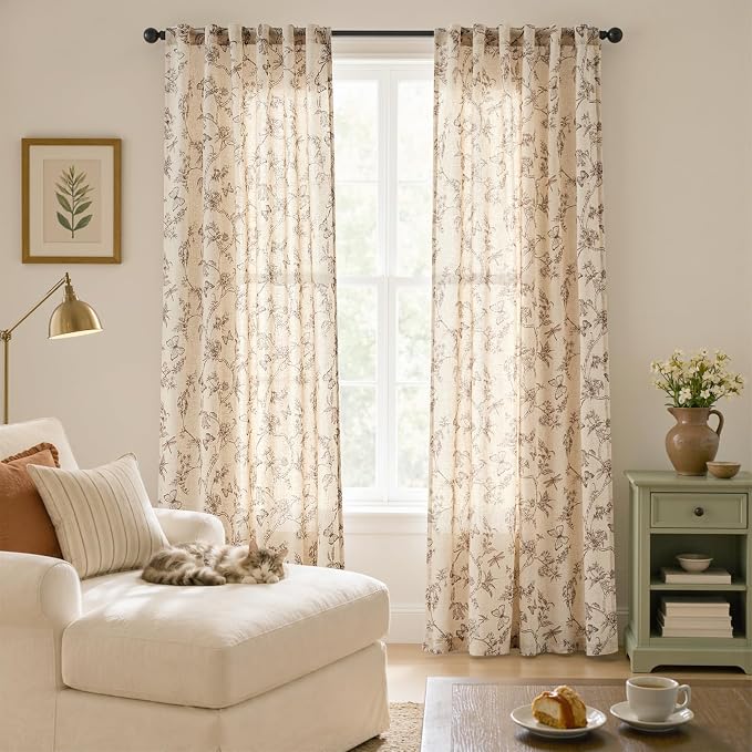 Taupe Floral Linen Curtains Farmhouse Rod Pocket 50W X 96L 2 Panels | Charlotte - Image 6