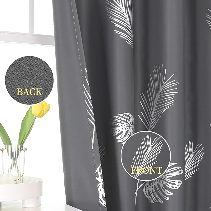 Light Blocking Curtains Silver Palm Tree Pattern Blackout Curtains Grommet Room - Image 4