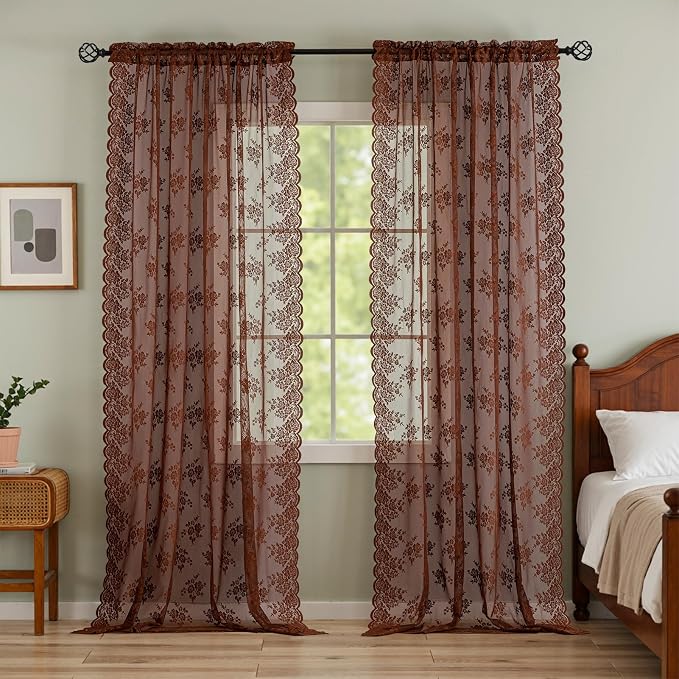 Kotile Warm Brown Sheer Lace Curtains - Image 7