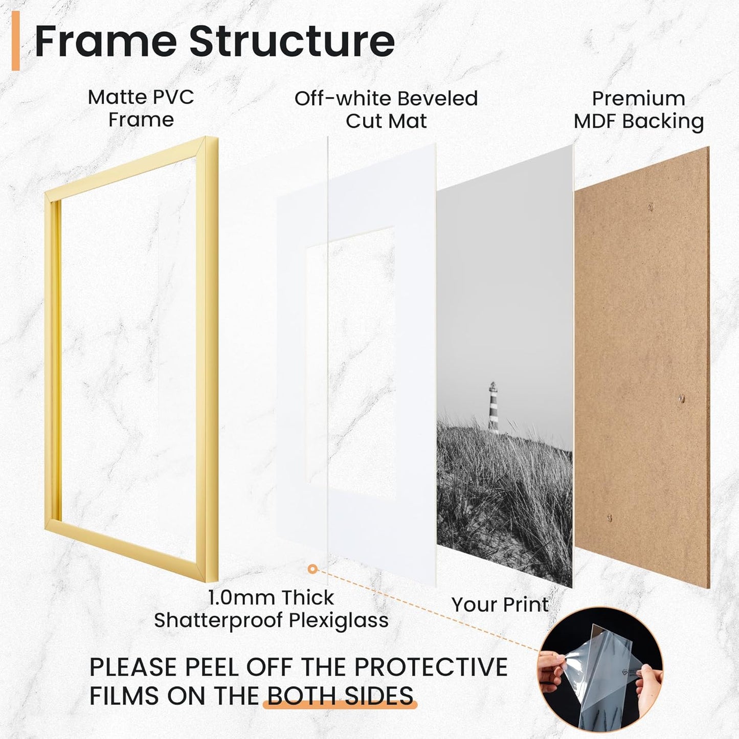 11x14 inch Picture Frame, 11x14 Photo Frames with 8x10 Removable Mat - High Definition Plexiglass - Vertical and Horizontal Display - Wall Hanging Frame - Gold, 5 Pack