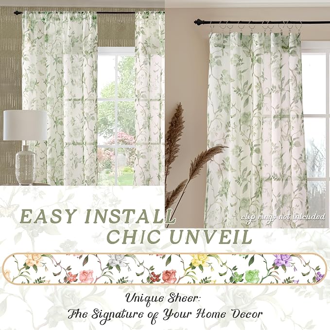 Sage Green Curtains for Bedroom Sheer, Spring Leaf Vines Patterned Farmhouse - Image 7
