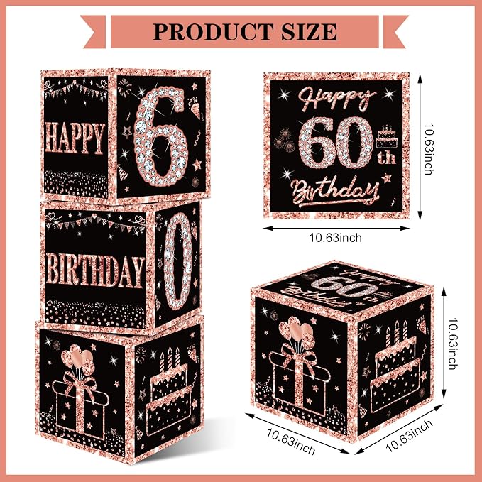 Eiurteao 3pcs Rose Gold 60th Birthday Decorations Boxes - Image 2