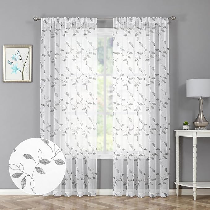 Tollpiz Grey Leaf Sheer Curtain Living Room 54 x 72 Inches | Leaves Embroidered by Tollpiz