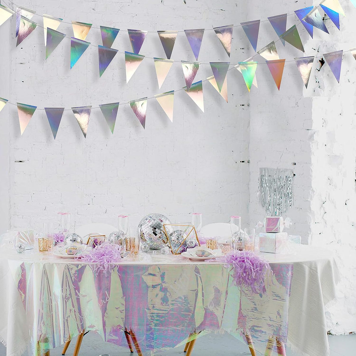 40Ft Iridescent Party Decorations Holographic Hanging Triangle Pennant Banner Flag Bunting Garland for Graduation Birthday Anniversary Engagement Wedding Bridal Baby Shower Disco Hen Party Supplies