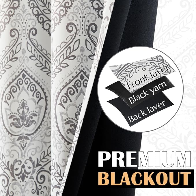 jinchan Grey Blackout Curtains 90 Inch Damask Vintage Grommet 2 Panels | Room - Image 3