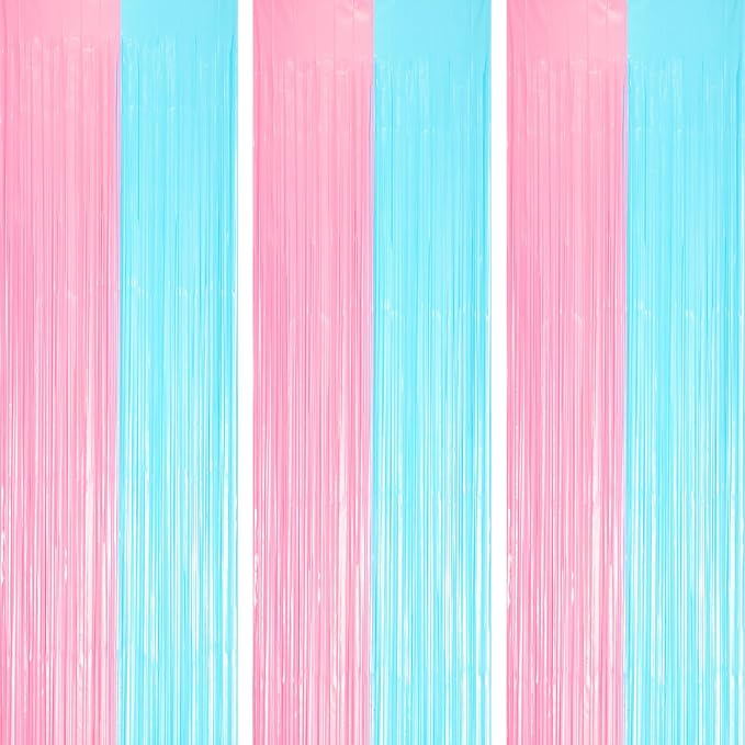 Voircoloria Pastel Blue Pink Foil Fringe Backdrop Curtains, 3 Pack by Voircoloria