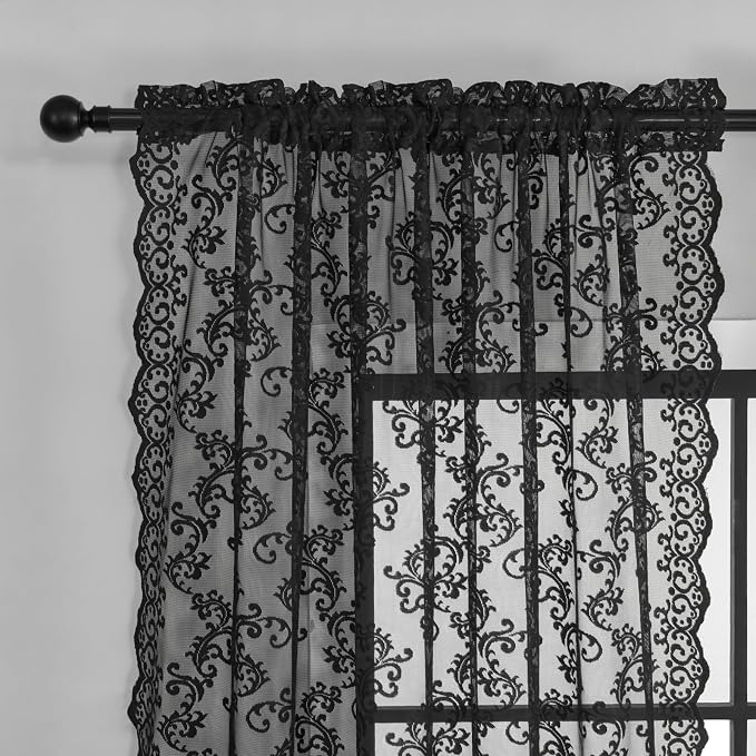 Black Lace Curtains 90 Inches Long 2 Panels Vintage Floral Sheer Curtains - Image 3
