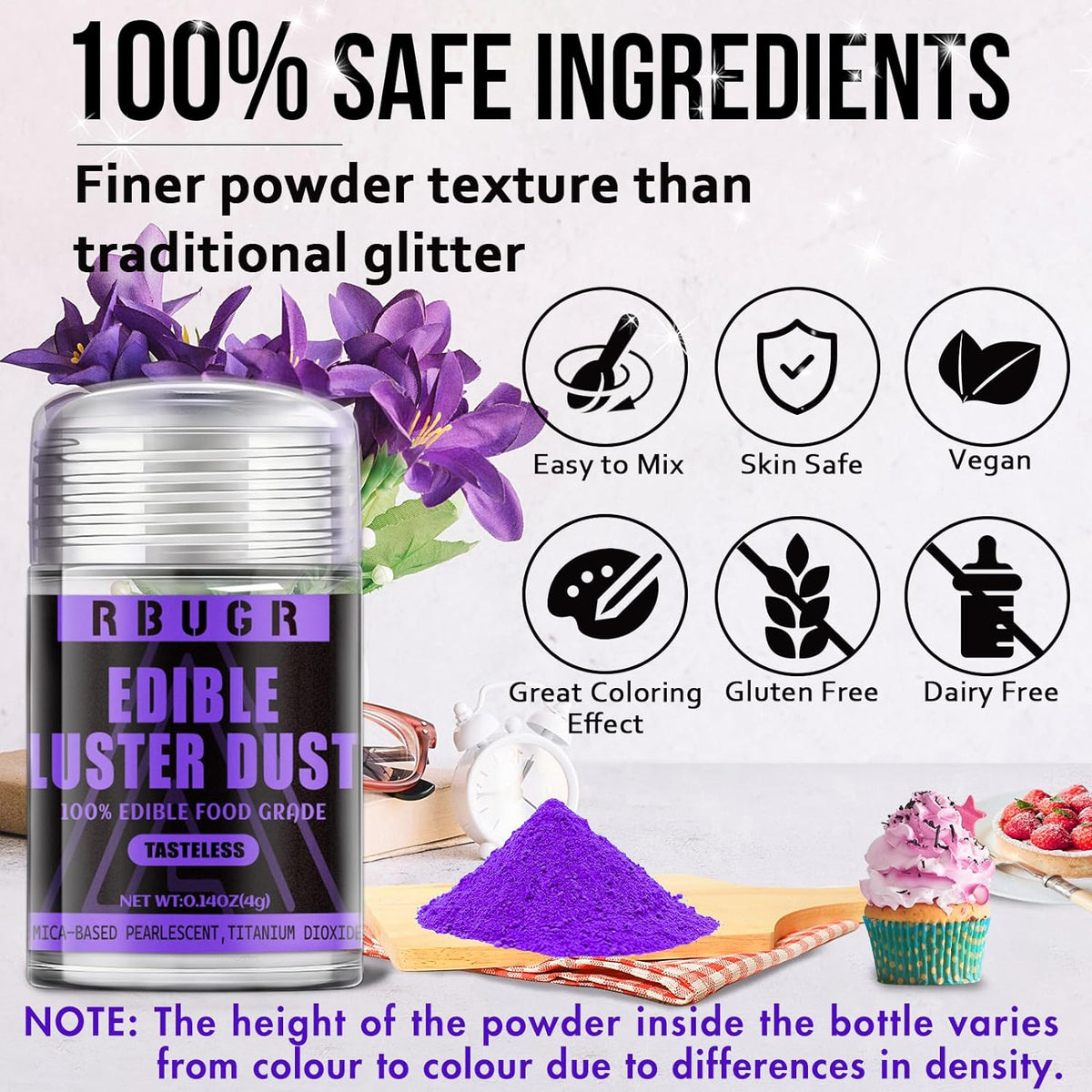 RBUGR Edible Glitter Set, 6 Colors Edible Luster Dust, Food Grade Drink Glitter Edible Dust, Sprinkles Cocktail Glitter, Shimmering Powder Glitter for Fondant, Candy, Vegan Cake Decorating（4g/0.14oz）