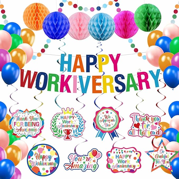 Work Anniversary Decorations, Pre-Strung Iridescent Happy Workiversary Banner by GOGOBAY