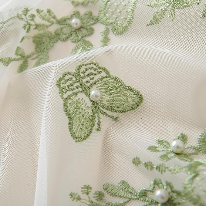 White Sheer Voile Curtains Green Embossed Butterflies 96 Inches | Light - Image 7