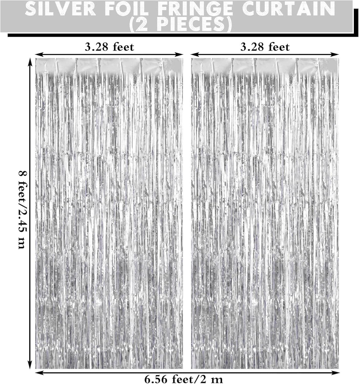 2 Pack Silver Fringe Curtains Foil Shiny Fringe Backdrop Tinsel Door Streamers Foil Curtains for Birthday Wedding Engagement Bridal Shower Celebration Party Decorations Large