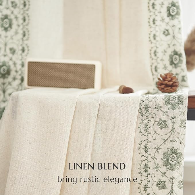 jinchan Floral Linen Curtains Embroidered Back Tab 50x84in 2 Panels Sage | - Image 9