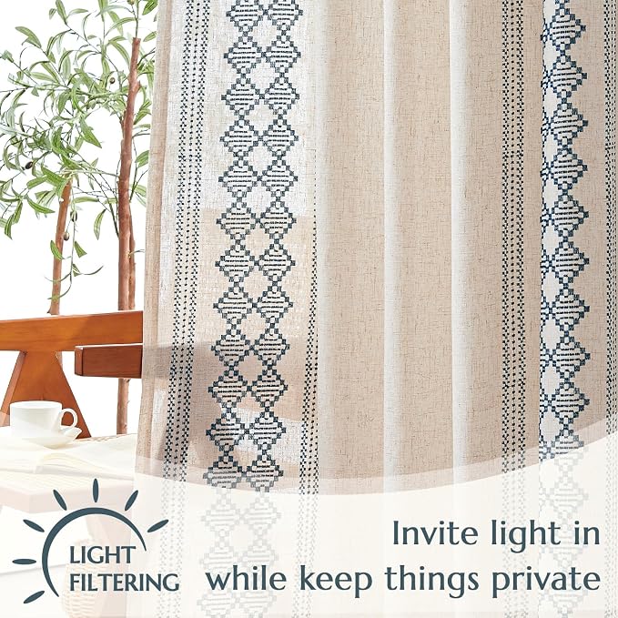 jinchan Floral Linen Curtains Embroidered Back Tab 50x84in 2 Panels Blue | - Image 4