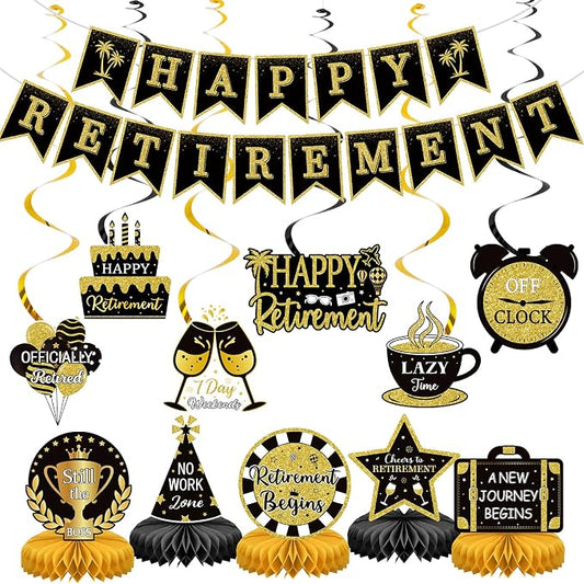 Retirement Party Decorations Black and Gold Happy Retirement Banner by Sealmic