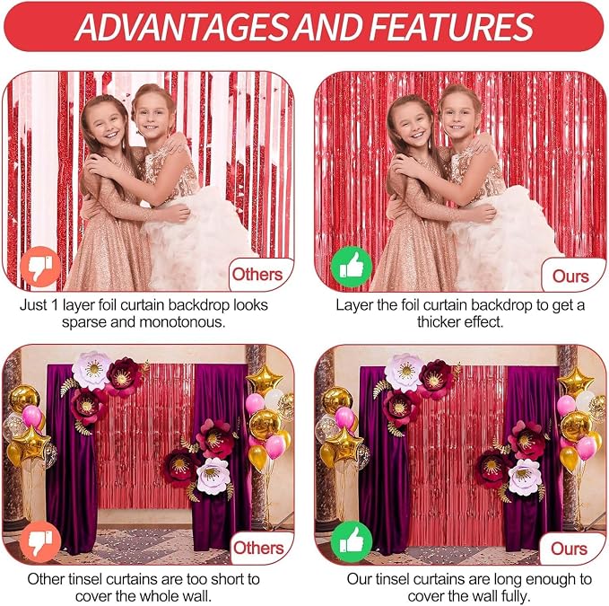 Crosize 8 Pack Red Party Streamers Backdrop, 3.3 x 9.9 ft | Tinsel Foil Fringe - Image 4
